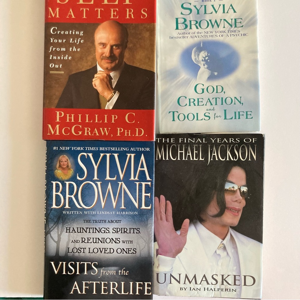 4 Hardcover used books. 2 Sylvia Browne. Dr Phil and Michael Jackson Unmaskes